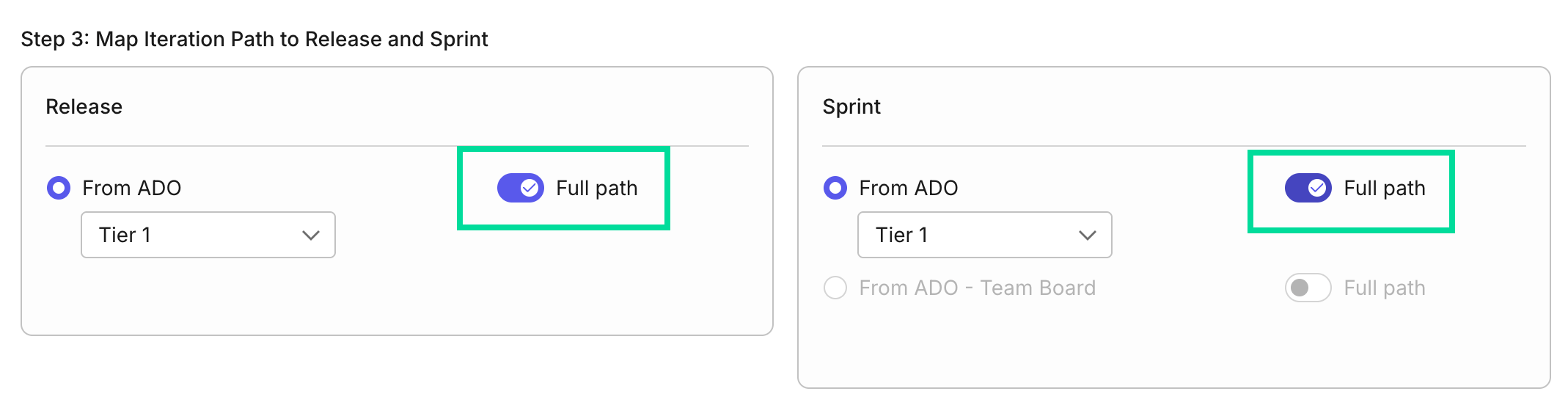 The Azure DevOps integration iteration path in Katalon TestOps.